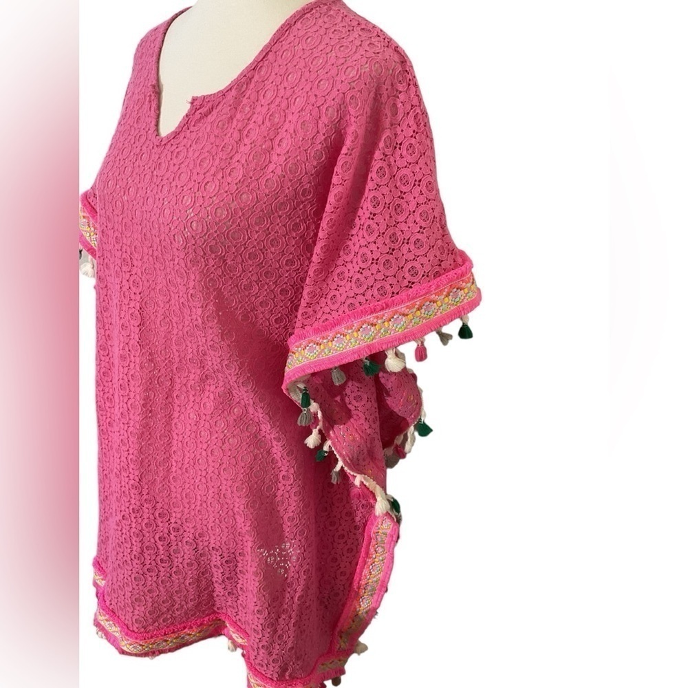 Fig & Vine Pink Eyelet Swimsuit Cover Up, Top with Fringe, Resortwear